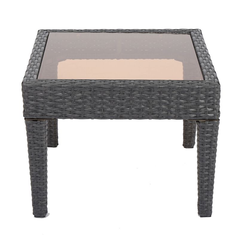 Annie Outdoor Square Accent Table, Tempered Glass, 20 Inch Gray Wicker - Benzara