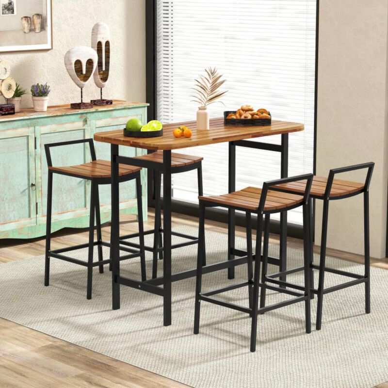 Hivvago 5 Piece Acacia Wood Bar Table Set Bar Height Table and Chairs with Metal Frame and Footrest