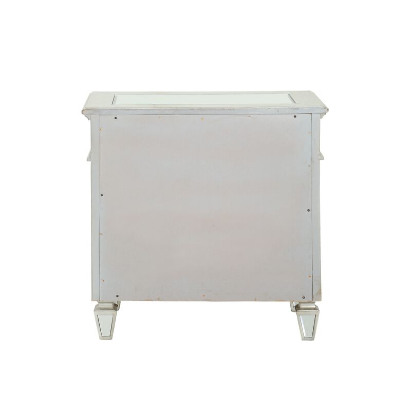 Mirror Accented Wooden Nightstand with 3 Storage Drawers, Silver-Benzara