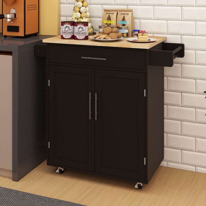 Black Wood 38.18 in. Kitchen Island with Adjustable Shelves and Towel Rack