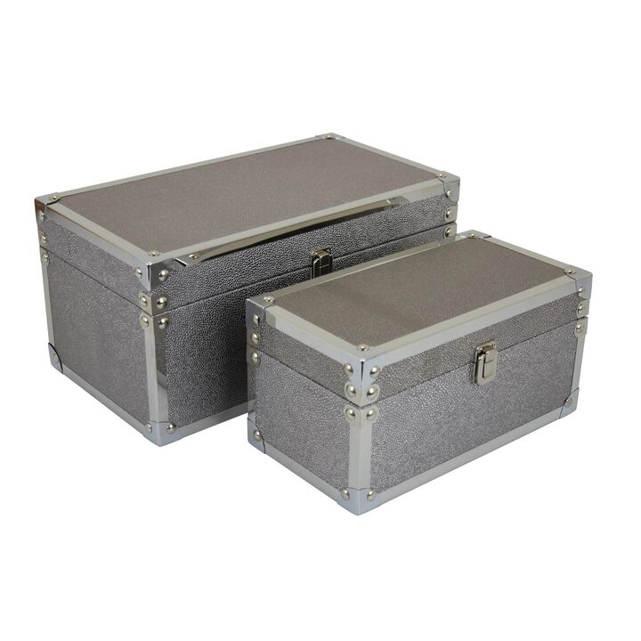 Mecca Storage Box Set of 2, Rivet Accents, Chrome Metal, Silver Wood - Benzara