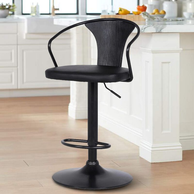 Adjustable Leatherette Swivel Barstool with Curved Back, Black-Benzara