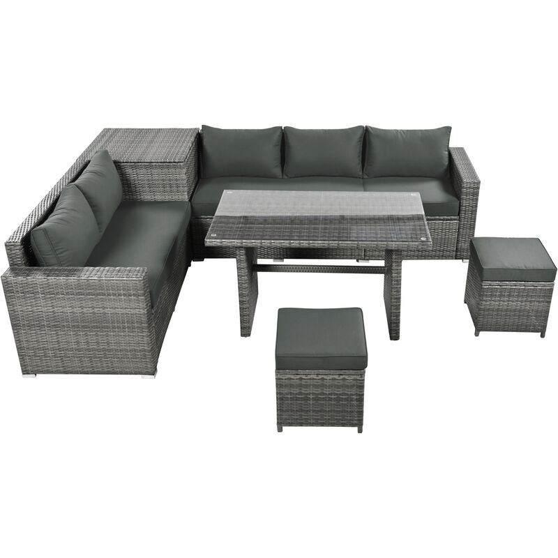 Outdoor 6-Piece All Weather PE Rattan Sofa Set, Garden Patio Wicker Sectional Furniture Set with Adjustable Seat, Storage Box, Removable Covers and Tempered Glass Top Table,Grey