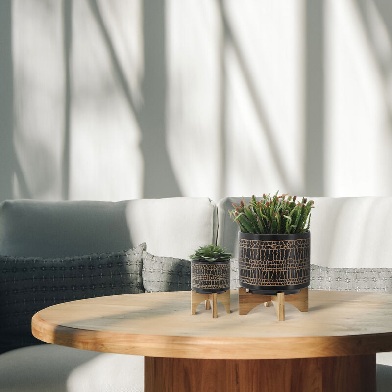 Glazed Planter with Stand, Black Set