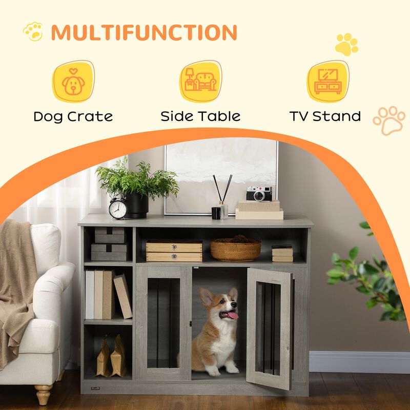 Elegant Pet Home: Gray Dog Crate Furniture with Lockable Door