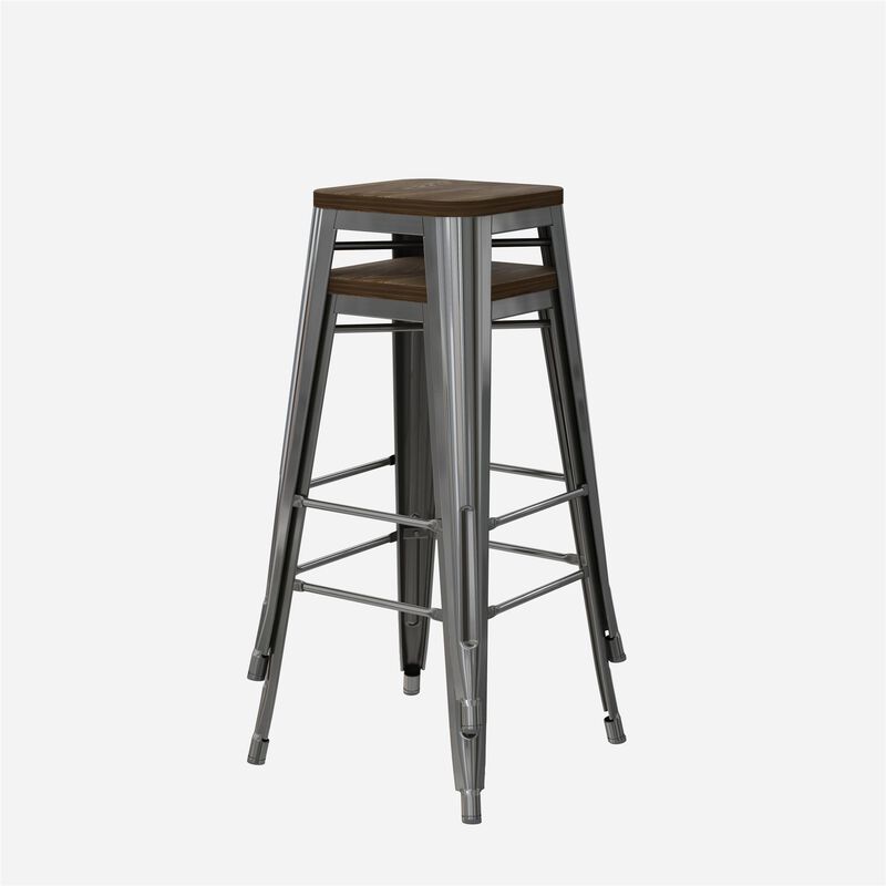 Atwater Living Zeno 30" Bar Stool with Wood Seat, Antique Gun Metal, Set of 2