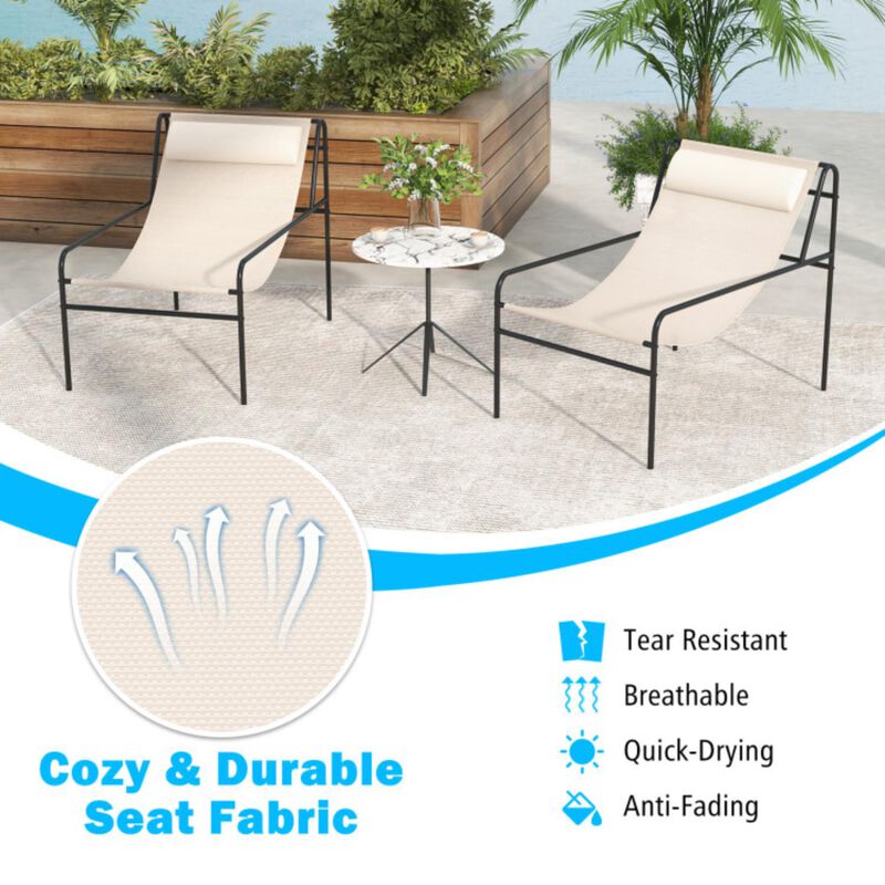 Hivvago Patio Sling Lounge Chair with Removable Headrest Pillow and Metal Frame-Beige