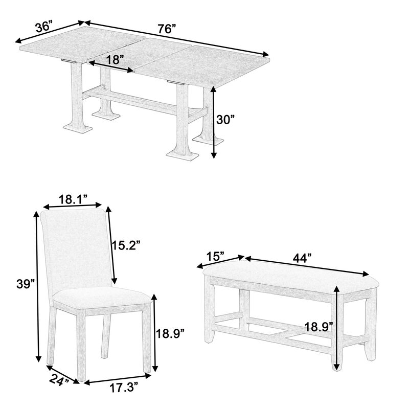 Merax Farmhouse 76inch 6-Piece Extendable Dining Set