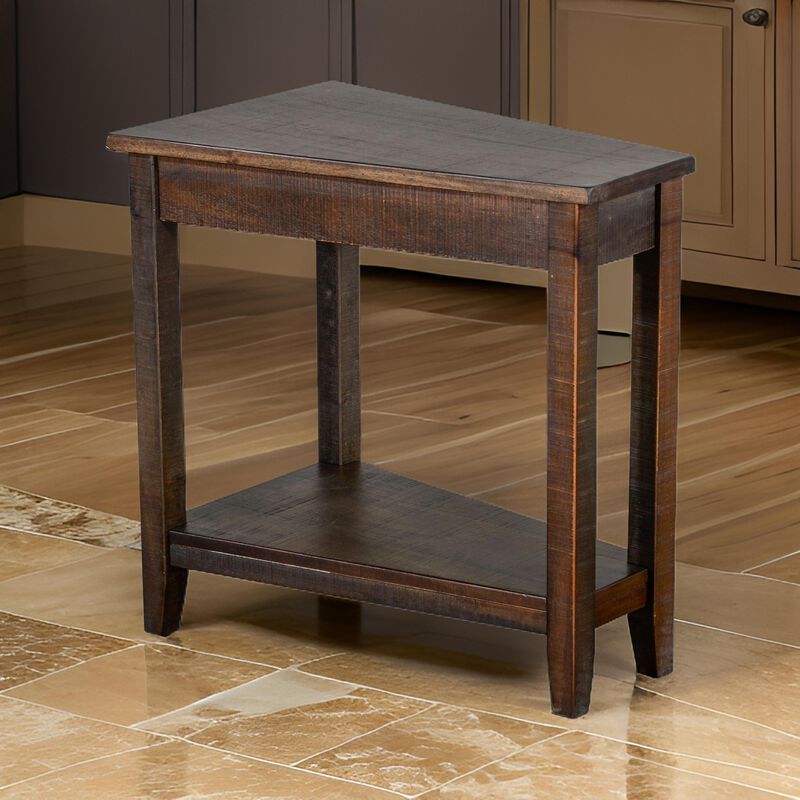 Flint Chairside Table with Shelf, 24 Inch Angled Dark Brown Mahogany - Benzara