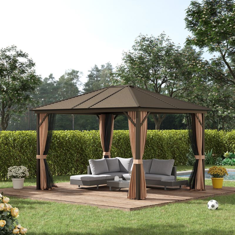 Enduring Garden Sanctuary: 10'x12' Brown-Roofed Metal Gazebo with Netting