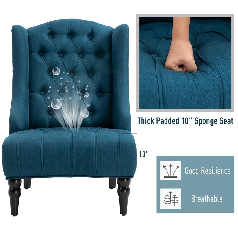 Dark Blue Wingback Beauty: Tufted Linen Accent Chair with Wooden Legs