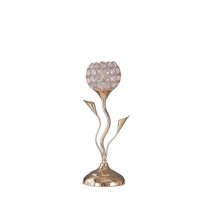 Metal Table Lamp with Floral Shade and Acrylic Crystals, Gold-Benzara