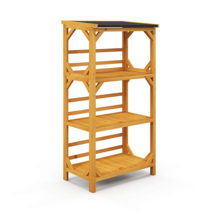 Hivvago 3-Tier Wooden Plant Stand with Weatherproof Asphalt Roof for Patio-Natural