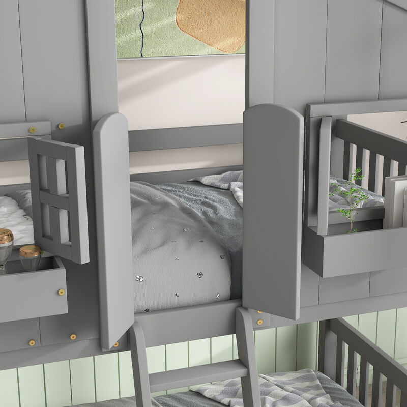 Twin Over Twin House Bunk Bed With Roof, Window, Window Box, Door, With Safety Guardrails