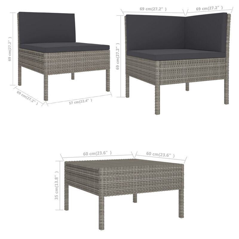 6pc Outdoor Modular Sofa and Table Set, White Polyester, Gray Rattan - Benzara