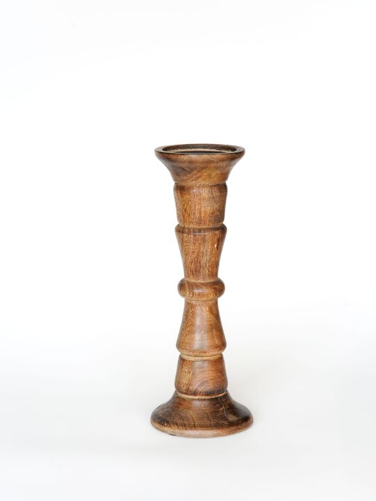 Traditional Medium Burnt Eco-friendly Handmade Mango Wood Set Of One 12" Pillar Candle Holder