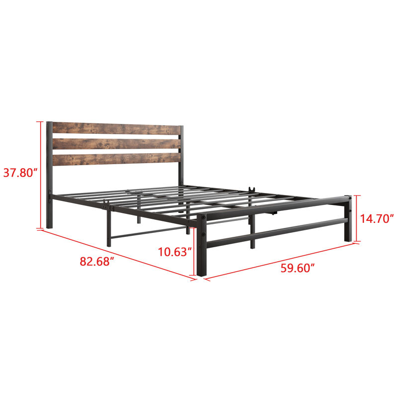 Queen Size Platform Bed Frame With Rustic Vintage Wood Headboard, Strong Metal Slats Support