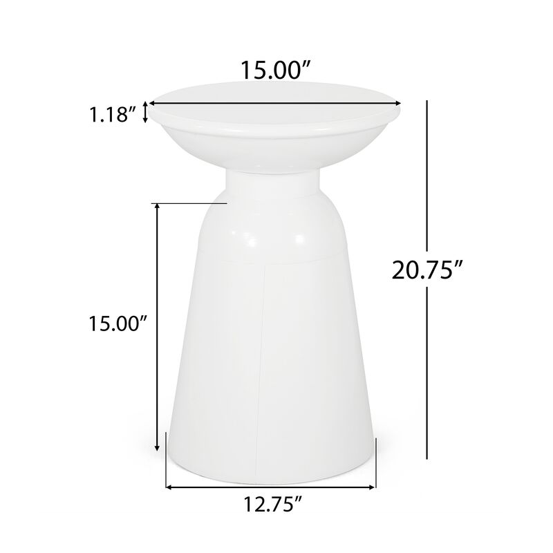 Suma Outdoor End Table, Round 15 Inch Top, Pedestal Base, White Iron - Benzara