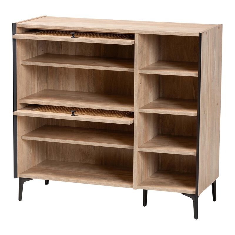 Baxton Studio Malcolm Mid Century Modern Oak Brown Wood Shoe Cabinet with Flipper Doors