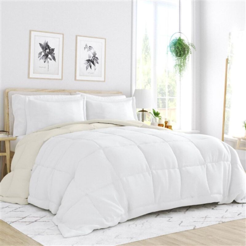 Hivvago Full/Queen size 3 Piece Microfiber Reversible Comforter Set in White and Cream