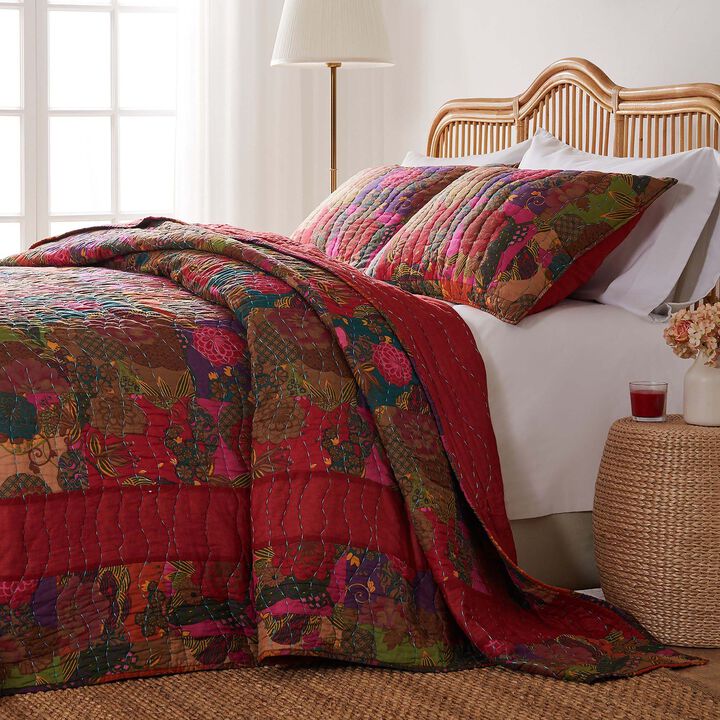 Greenland Home Fashions Jewel Cotton Kantha Quilted Bedspread Set - Jumbo Sized Reversible Quilt Set