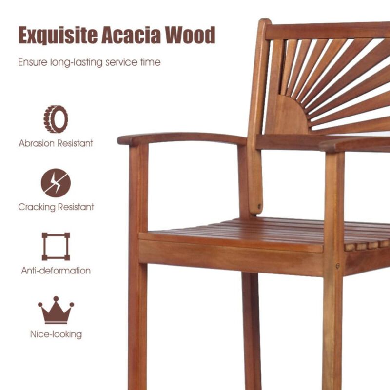 Hivvago 2 Pieces Outdoor Acacia Wood Bar Chairs with Sunflower Backrest and Armrests