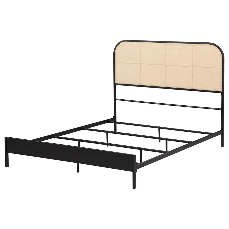 Ammy Full Bed, Radio Weave Headboard, Brown Faux Rattan, Black Metal  - Benzara