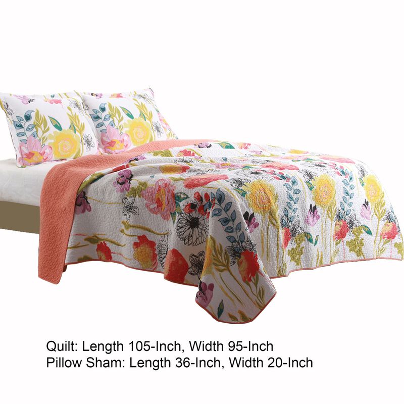 3 Piece Cotton King Size Quilt Set with Stencil Flower Print, Multicolor - Benzara