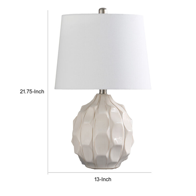 22 Inch Table Lamp, Cream Round Cascading Ceramic Design Urn, Brushed Metal - Benzara