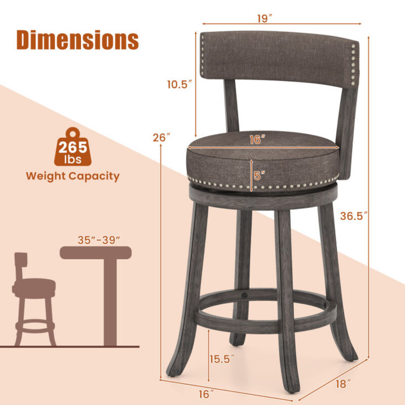 Set of 2 Counter Height Chairs with 360° Swivel Seat and Rubber Wood Frame