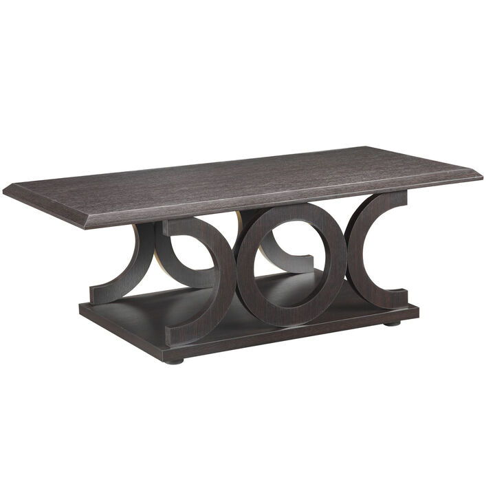 Contemporary Style C Shaped Coffee Table With Open Shelf, Espresso Brown-Benzara