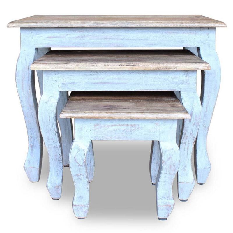 3pc Nesting End Table Set, Light Blue Turned Legs Brown Reclaimed Wood - Benzara