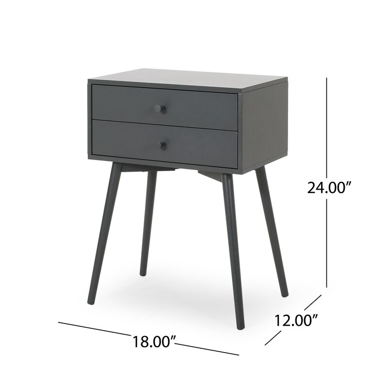 Cale Side Table, 2 Drawer 18 Inch Rectangular, Grooved Gray Rubberwood - Benzara