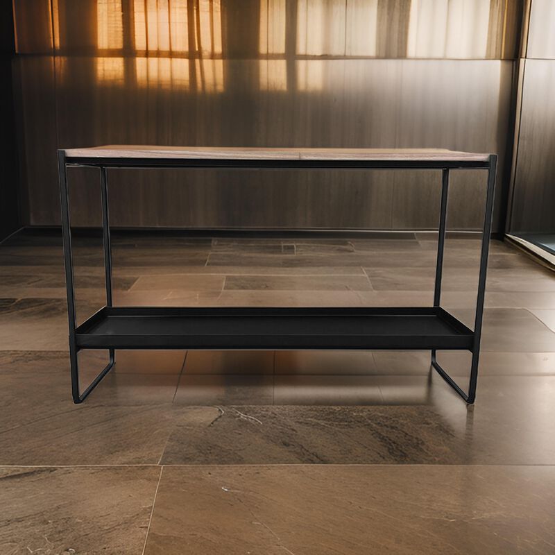 Evon 39 Inch Console Table, Natural Brown Wood Top and Shelf, Black Metal - Benzara