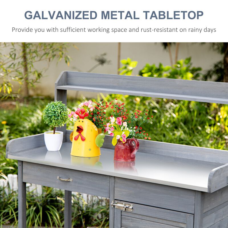 Grey Garden Workstation: Potting Bench with Cabinet and Steel Top