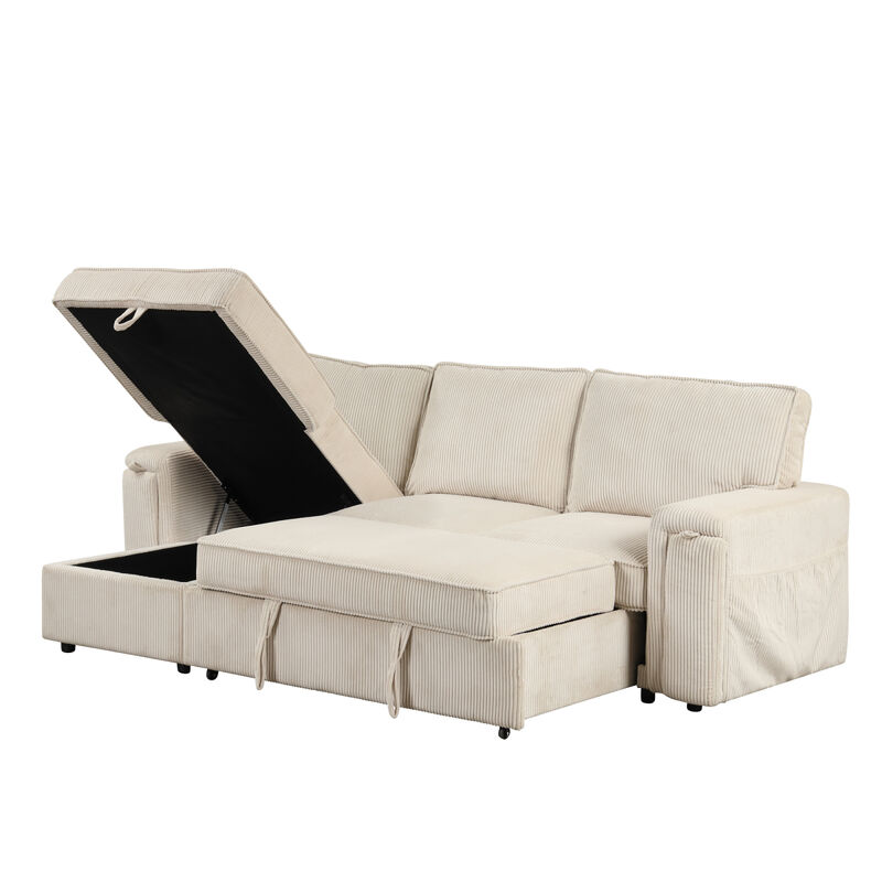 Upholstery Sleeper Sectional Sofa With Storage Bags And 2 Cup Holders On Arms