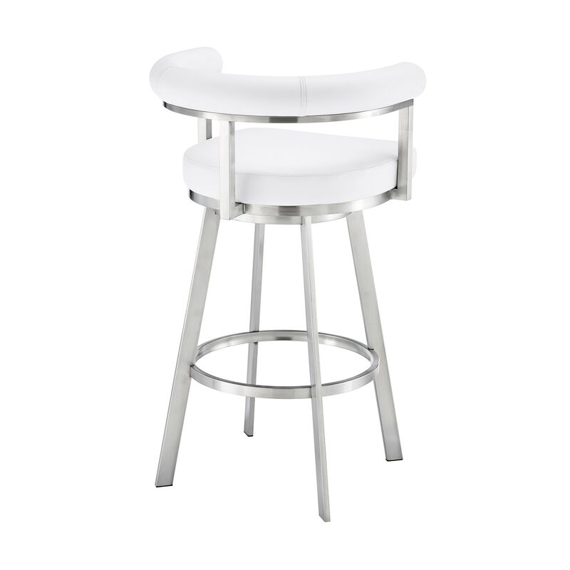 Weni 30 Inch Swivel Barstool Chair, Barrel Open Back, White, Steel Frame - Benzara