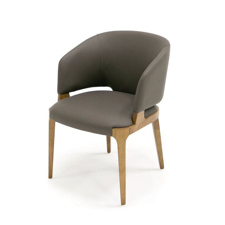 22 Inch Dining Chair, Gray Vegan Faux Leather, Curved Back, Solid Wood-Benzara