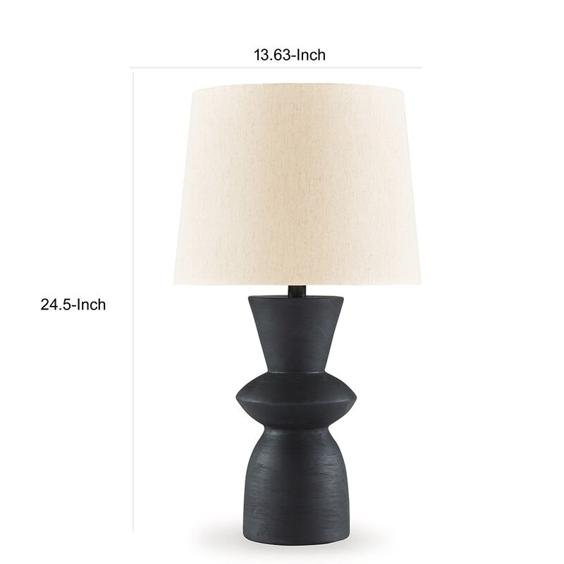 25 Inch Table Lamp Set of 2, Black Sculptural Solid Base, Drum Hardback - Benzara