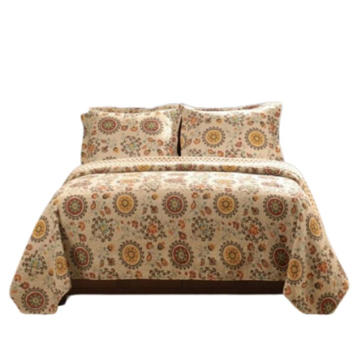 Hivvago Full / Queen Retro Moon Shaped Floral Medallion Reversible 3 Piece Quilt Set