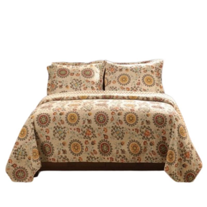 Hivvago Full / Queen Retro Moon Shaped Floral Medallion Reversible 3 Piece Quilt Set