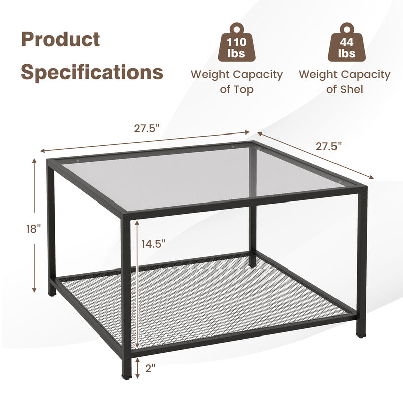 Modern 2-Tier Square Glass Coffee Table with Mesh Shelf