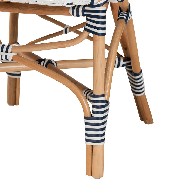 Bali & Pari Bryson Modern French Blue and White Weaving and Natural Rattan Bistro Chair