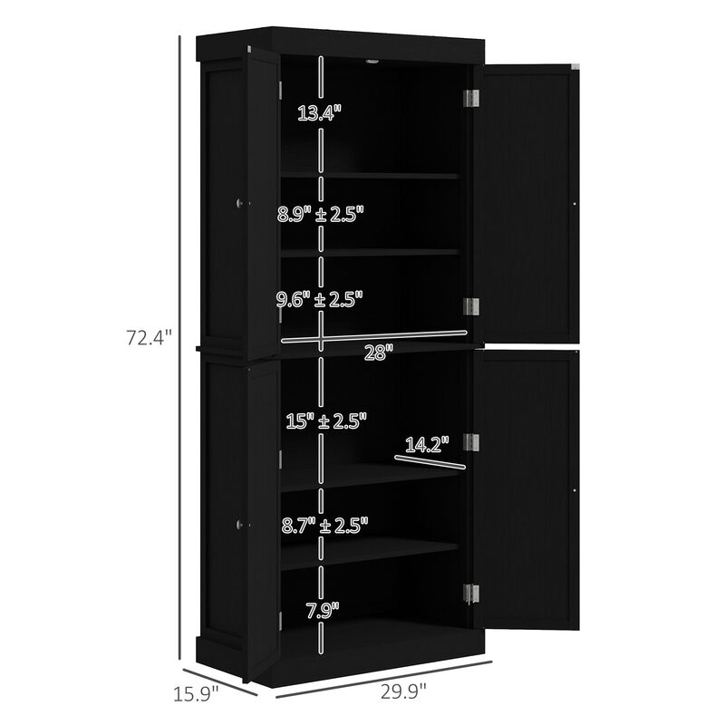 72" Black Freestanding Kitchen Pantry: Doors, Shelves, Food Storage