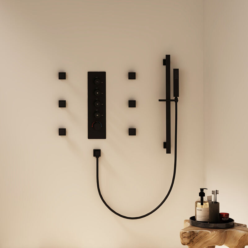 Mondawe 3 Functions 4 Sprays 16 Inch Ultra Thin Luxury Thermostatic Shower System with Slide Bar and 6 Body jets in Matte Black (Rough-in Valve Included)