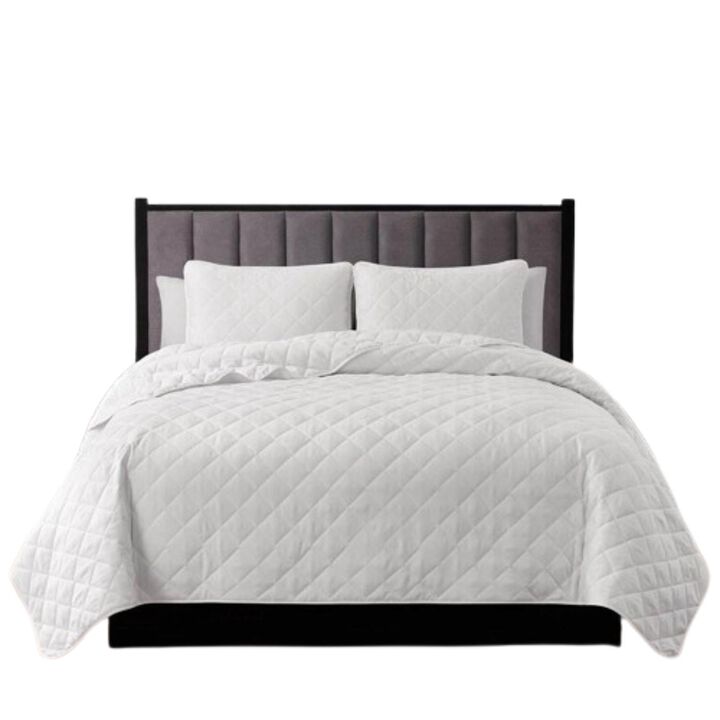 Hivvago King/CAL King 3 Piece White Polyester Microfiber Diamond Quilted Quilt Set