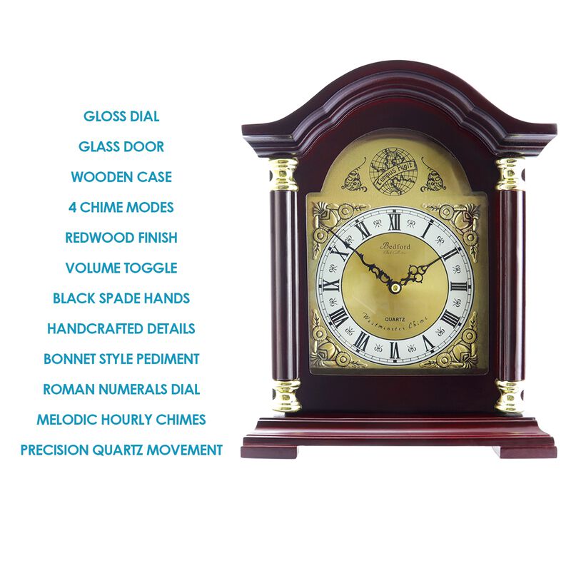 Bedford Collection 25 Inch Wall Clock with Pendulum and Chime in Dark Redwood Oak Finish