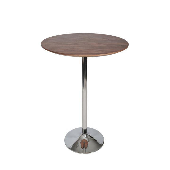 42 Inch High Bar Table, Walnut Brown Round Top, Modern Metal Pedestal Base - Benzara