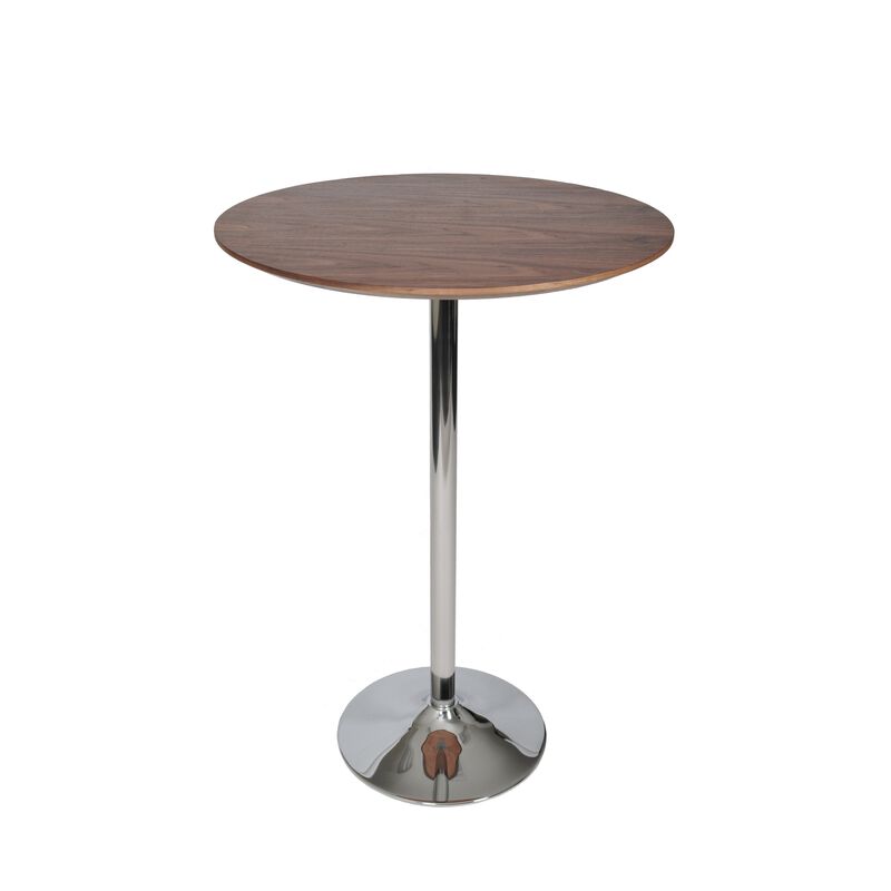 42 Inch High Bar Table, Walnut Brown Round Top, Modern Metal Pedestal Base - Benzara
