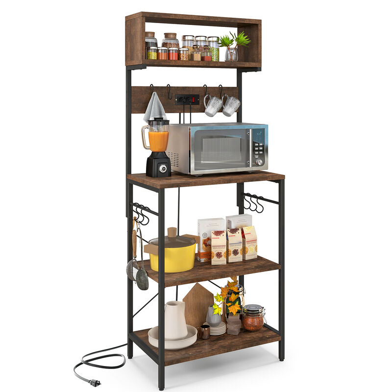 60 Inch Tall Microwave Stand with Open Shelves and 10 Hanging Hooks